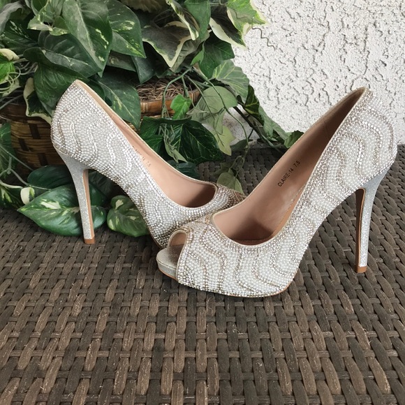 Bella Luna Shoes - Silver & White Peep Toe Beaded Heals